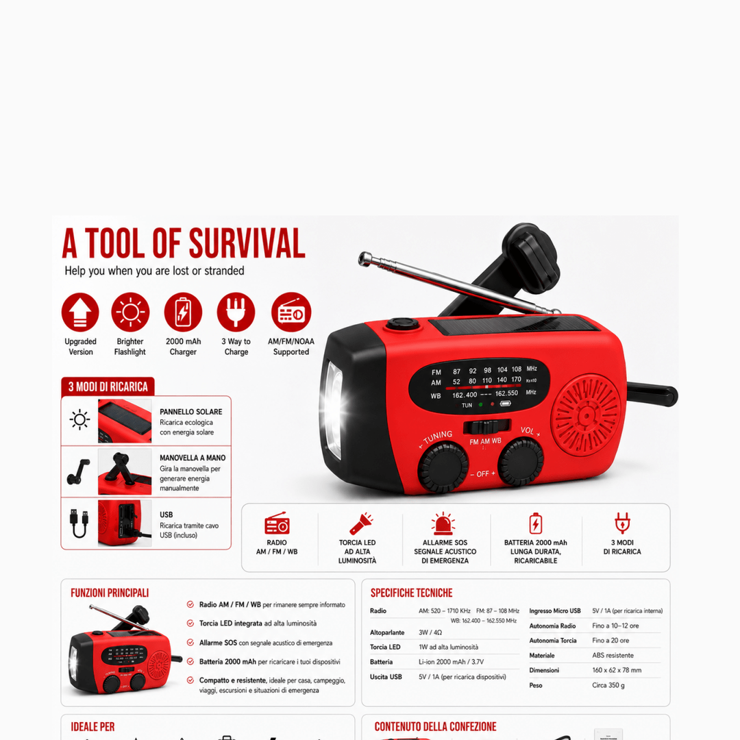 Radio emergenza solare multifunzione 2000mAh con torcia LED — AYCS Tech