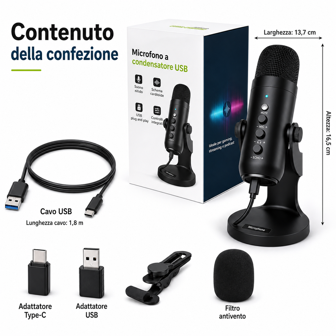 Microfono USB a Condensatore con base in metallo e adattatori inclusi - AYCS Tech