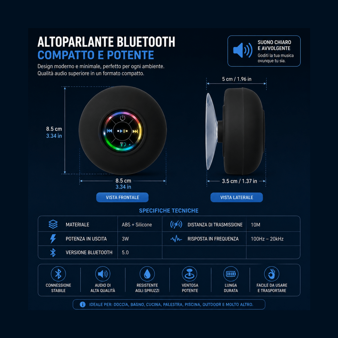 Speaker Bluetooth impermeabile IPX4 per doccia LED RGB — AYCS Tech
