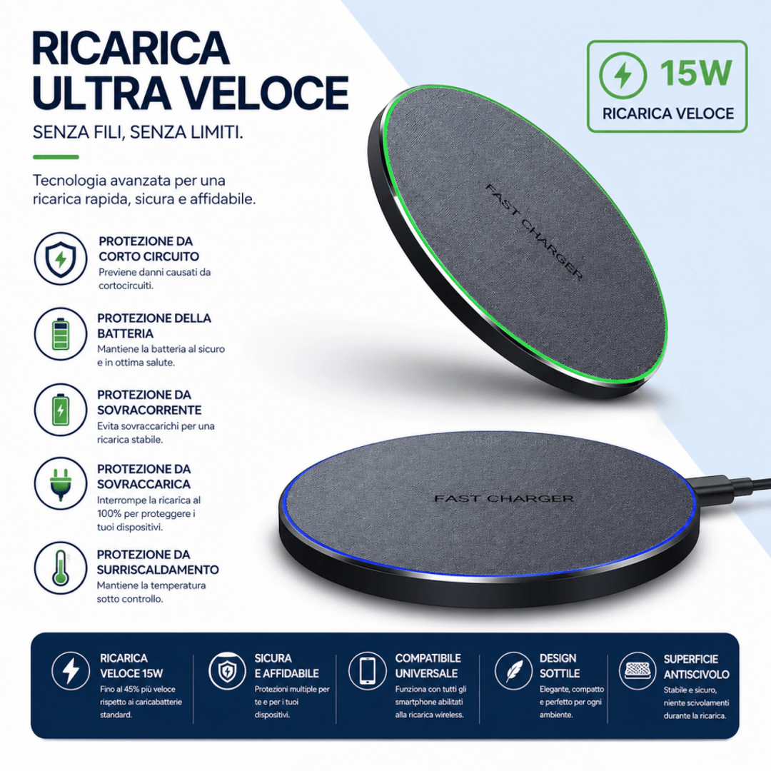 Caricatore wireless veloce 15W Qi per iPhone e Samsung — AYCS Tech