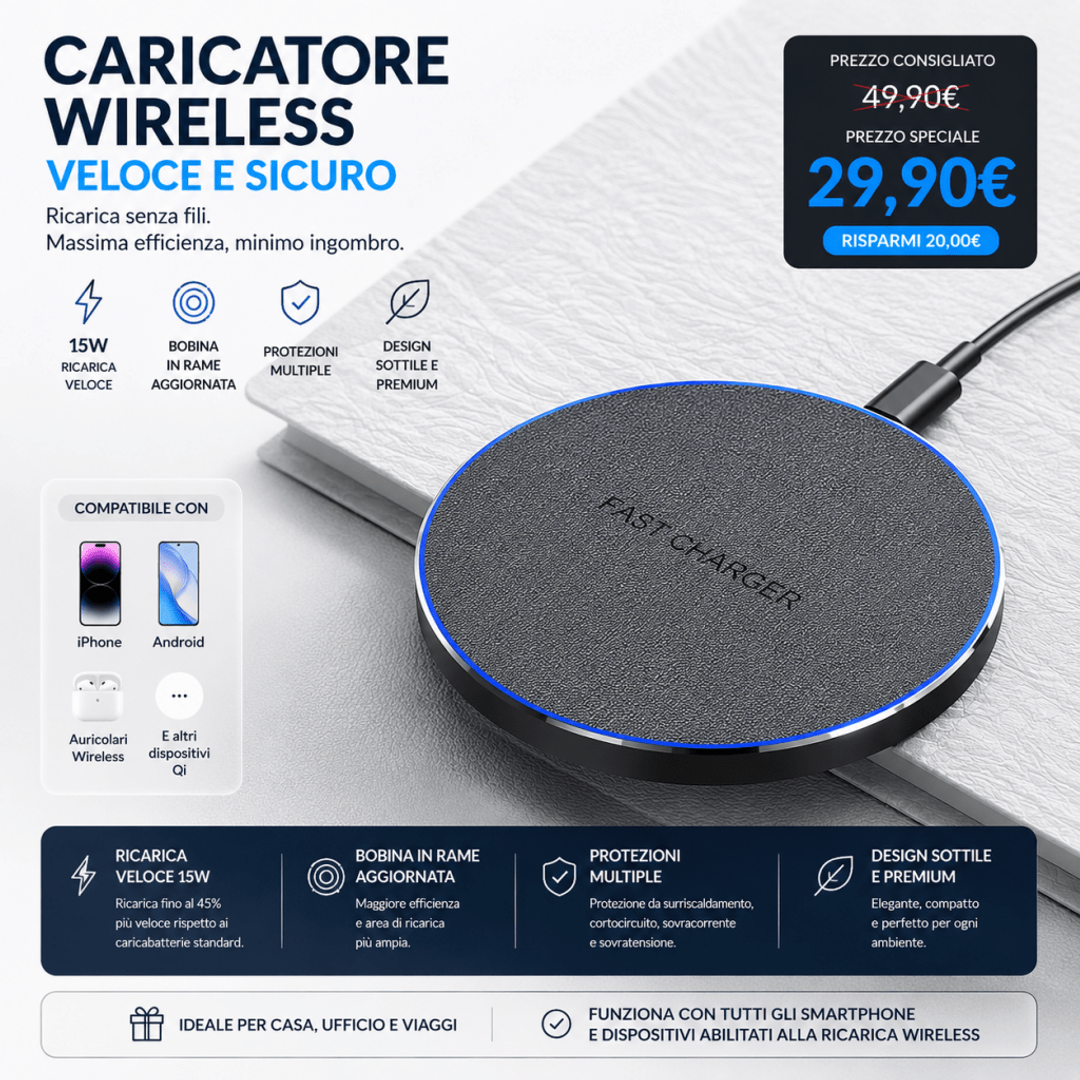 Caricatore wireless veloce 15W Qi per iPhone e Samsung — AYCS TechC