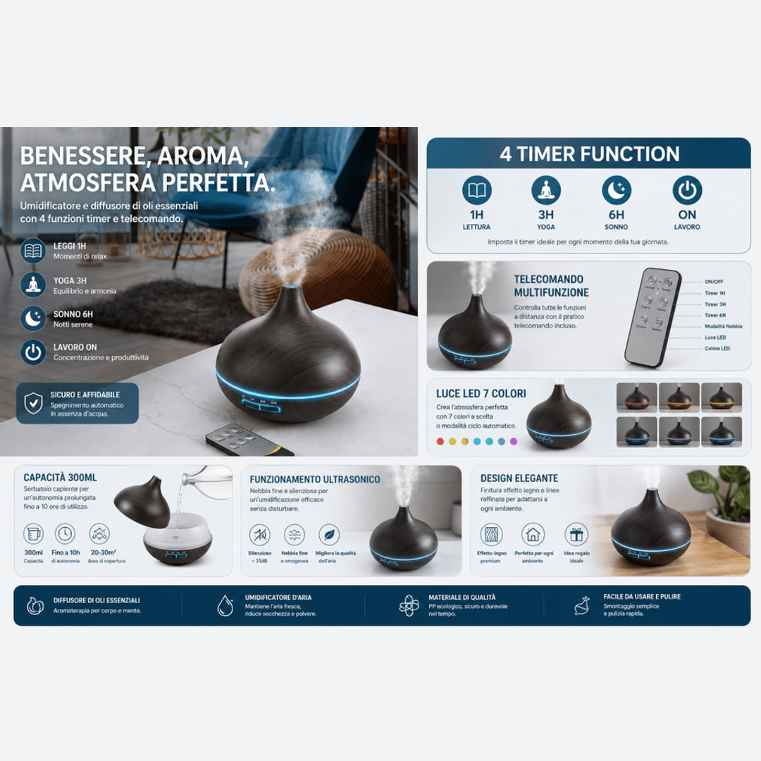 Diffusore aromi USB 550ml LED 7 colori con telecomando — AYCS Tech