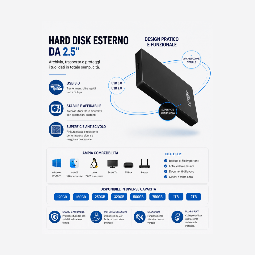 Hard Disk Esterno Portatile 2.5" USB 3.0 - 120GB a 2TB per PC Mac PS4 Xbox Plug & Play AYCS Tech Hard Disk Esterni 1ydxv1-fg hard-disk-esterno-portatile-2-5-usb-3-0-120gb-a-2tb-per-pc-mac-ps4-xbox-plug-play backup, hard disk esterno, portatile, storage, USB 3.0