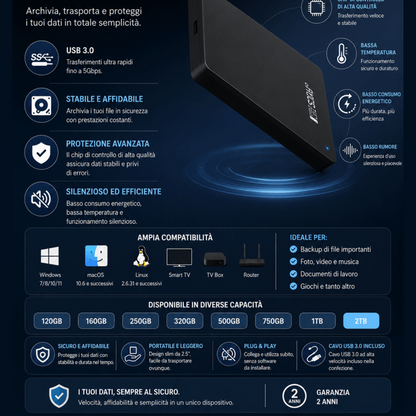 Hard Disk Esterno Portatile 2.5" USB 3.0 - 120GB a 2TB per PC Mac PS4 Xbox Plug & Play AYCS Tech Hard Disk Esterni 1ydxv1-fg hard-disk-esterno-portatile-2-5-usb-3-0-120gb-a-2tb-per-pc-mac-ps4-xbox-plug-play backup, hard disk esterno, portatile, storage, USB 3.0