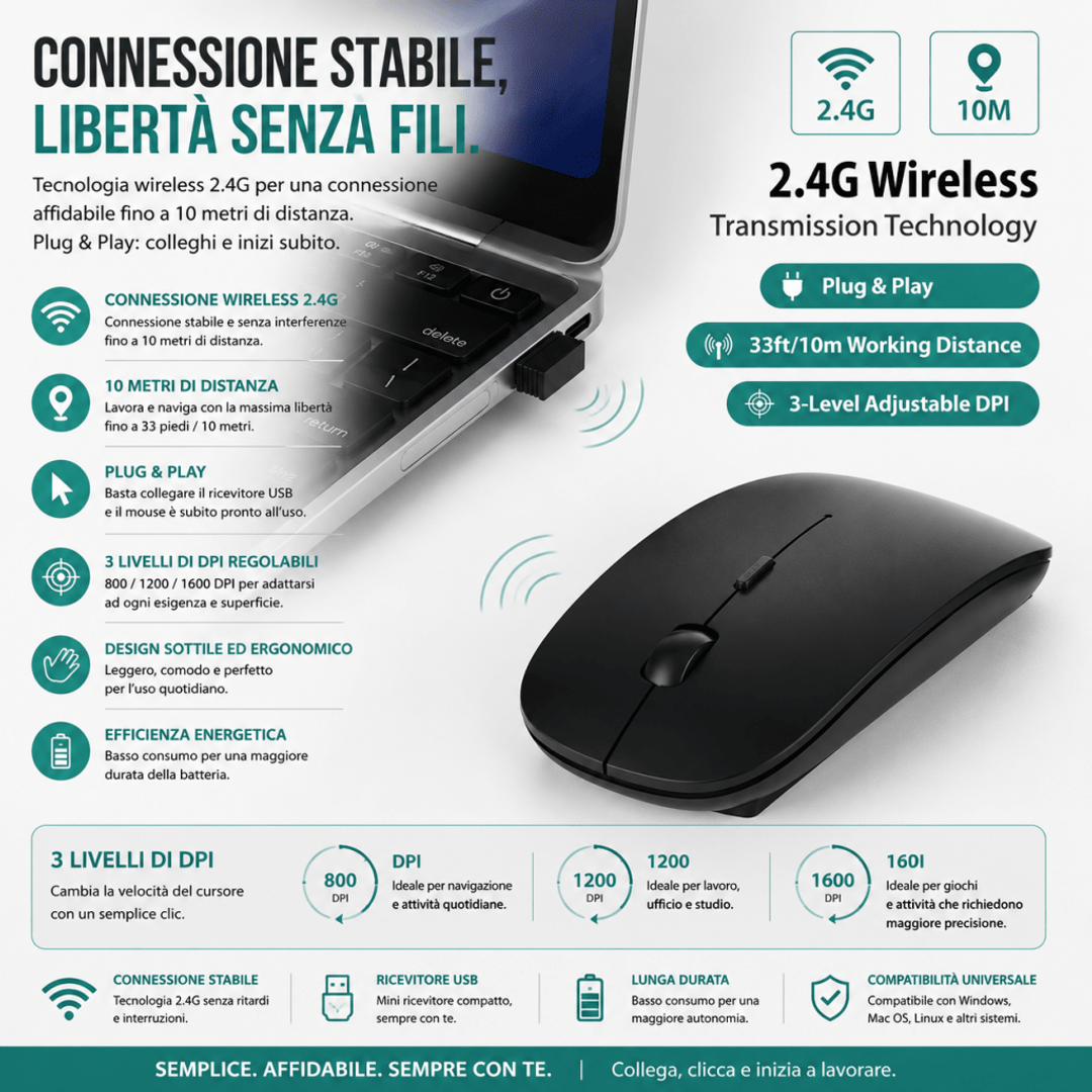 Mouse Wireless Slim 2.4GHz - 1600 DPI Silenzioso Ergonomico USB per PC Laptop Mac AYCS Tech Mouse 1ydxv1-fg mouse-wireless-slim-2-4ghz-1600-dpi-silenzioso-ergonomico-usb-per-pc-laptop-mac 2.4GHz, ergonomico, mouse wireless, silenzioso, slim
