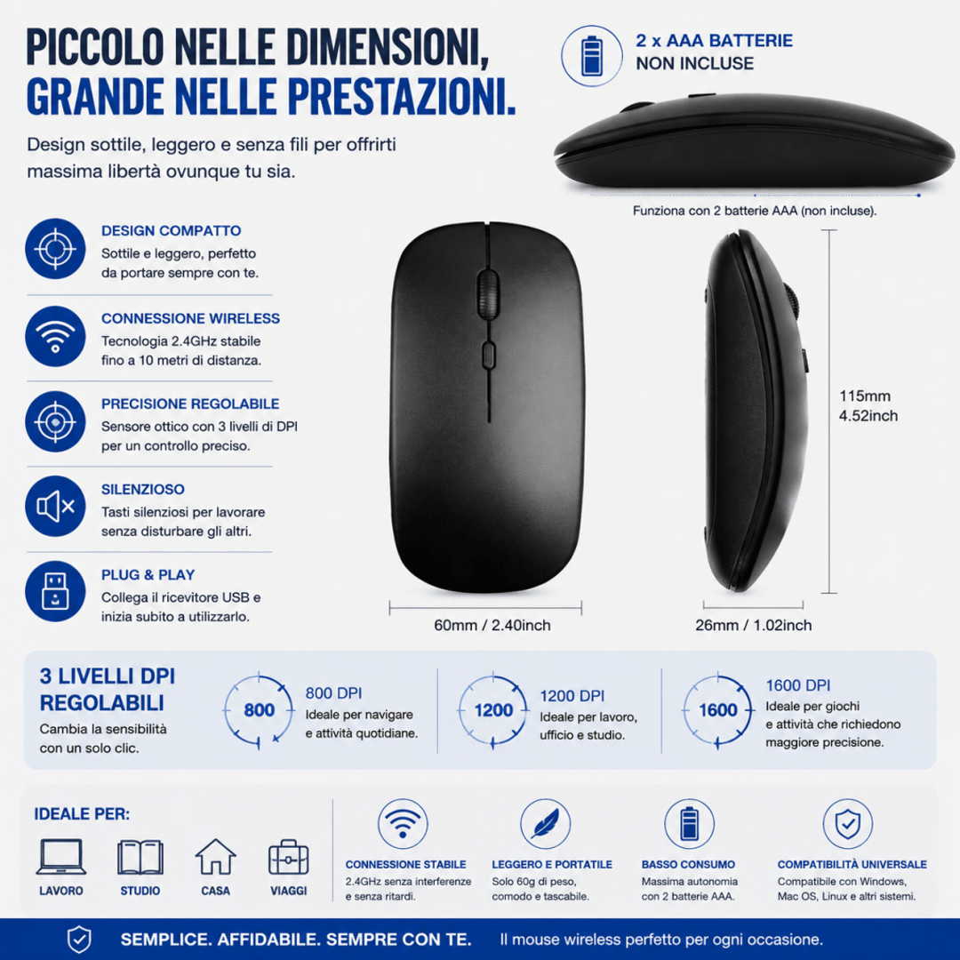 Mouse Wireless Slim 2.4GHz - 1600 DPI Silenzioso Ergonomico USB per PC Laptop Mac AYCS Tech Mouse 1ydxv1-fg mouse-wireless-slim-2-4ghz-1600-dpi-silenzioso-ergonomico-usb-per-pc-laptop-mac 2.4GHz, ergonomico, mouse wireless, silenzioso, slim