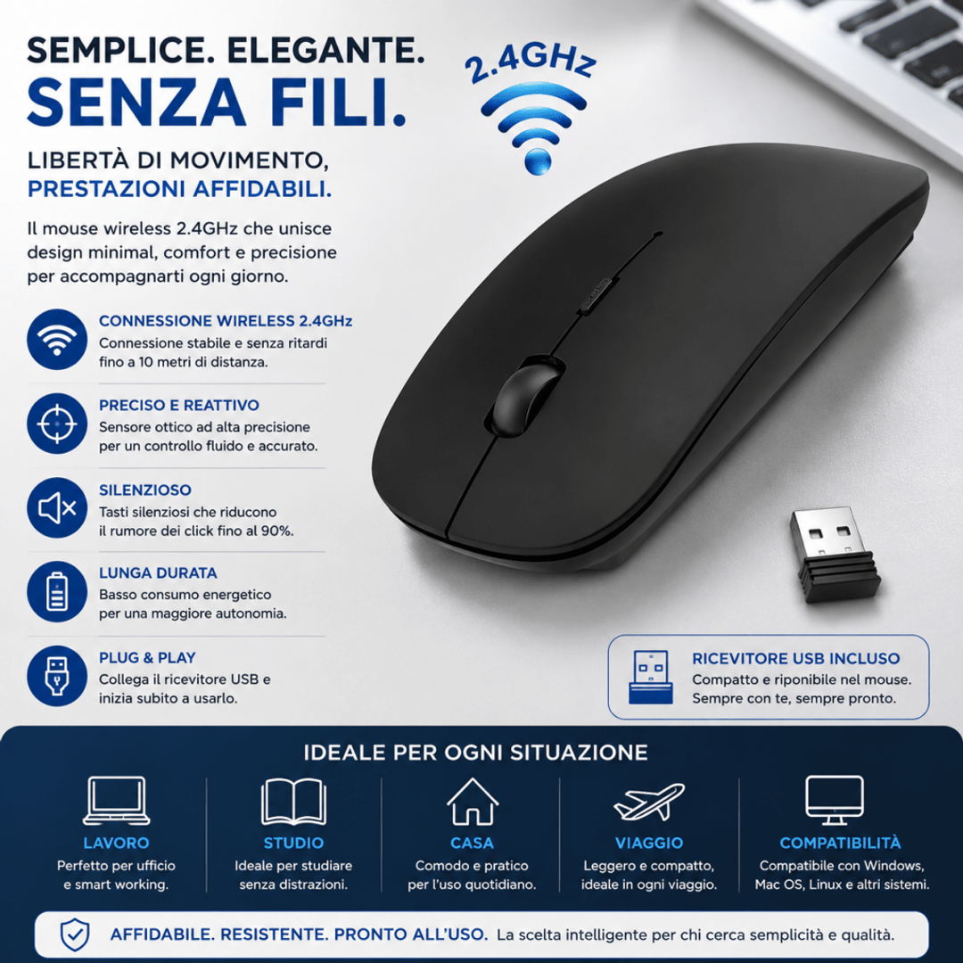 Mouse Wireless Slim 2.4GHz - 1600 DPI Silenzioso Ergonomico USB per PC Laptop Mac AYCS Tech Mouse 1ydxv1-fg mouse-wireless-slim-2-4ghz-1600-dpi-silenzioso-ergonomico-usb-per-pc-laptop-mac 2.4GHz, ergonomico, mouse wireless, silenzioso, slim