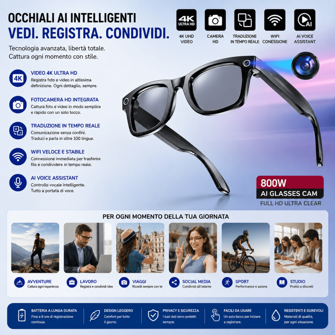 Occhiali AI intelligenti 4K con fotocamera e traduzione WiFi — AYCS Tech