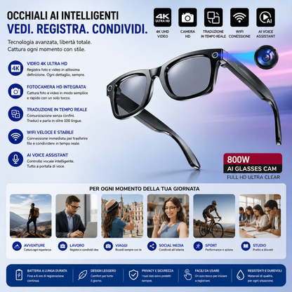 Occhiali AI intelligenti 4K con fotocamera e traduzione WiFi — AYCS Tech