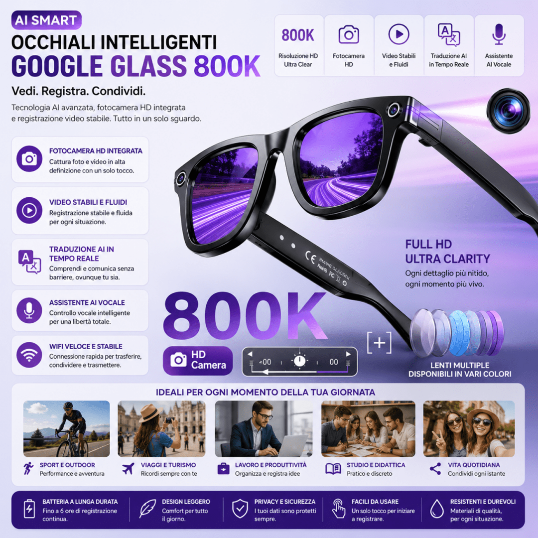 Occhiali AI intelligenti 4K con fotocamera e traduzione WiFi — AYCS Tech