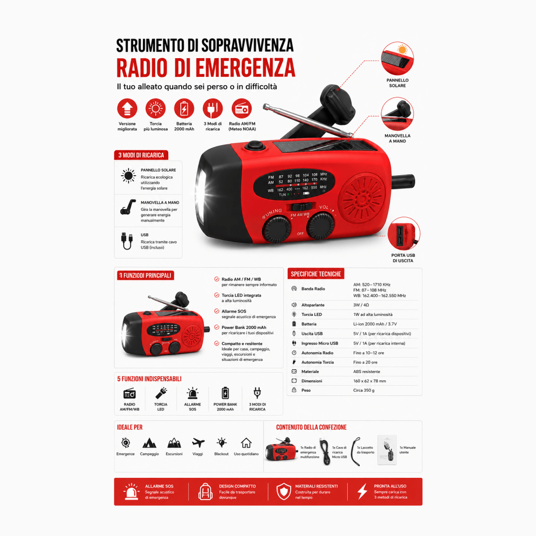 Radio emergenza solare multifunzione 2000mAh con torcia LED — AYCS Tech