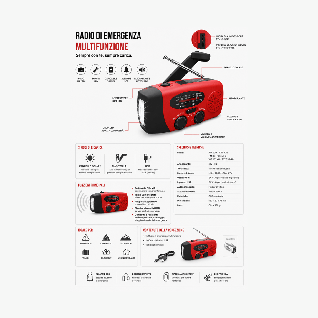 Radio emergenza solare multifunzione 2000mAh con torcia LED — AYCS Tech