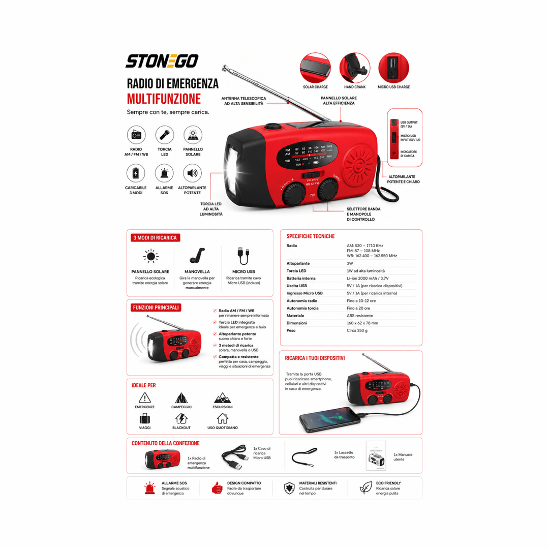 Radio di Emergenza Multifunzione 2000mAh - Solare Manovella USB Torcia LED Allarme SOS AM/FM/WB AYCS Tech Radio e Dispositivi di Emergenza 1ydxv1-fg radio-di-emergenza-multifunzione-2000mah-solare-manovella-usb-torcia-led-allarme-sos-am-fm-wb emergenza, radio, solare, survival, torcia