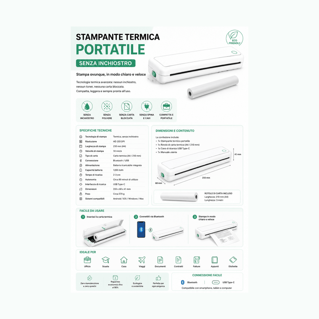Stampante termica portatile A4 Bluetooth senza inchiostro — AYCS Tech