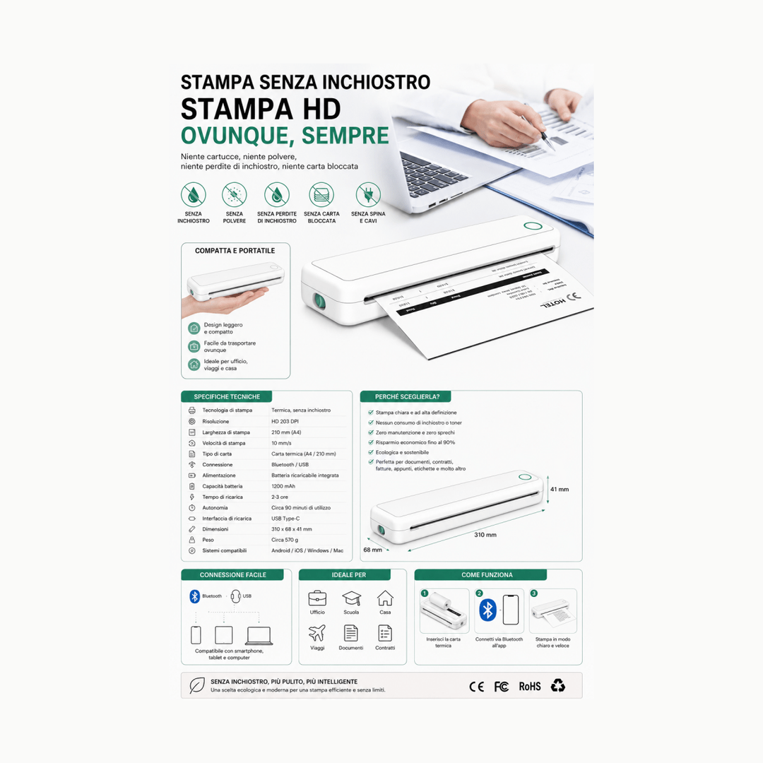Stampante termica portatile A4 Bluetooth senza inchiostro — AYCS Tech